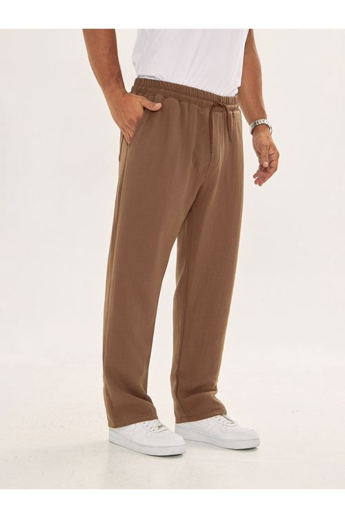Erkek Baggy Müslin Keten Bel Bağcıklı Lastikli Düz Paça Pantolon