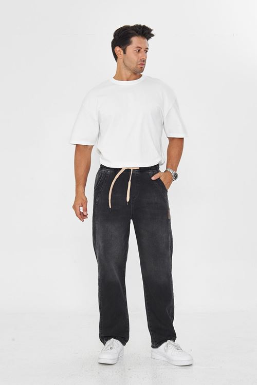 Erkek Baggy Yandan Parçalı Etiket Detaylı Düz Kot Pantolon 707