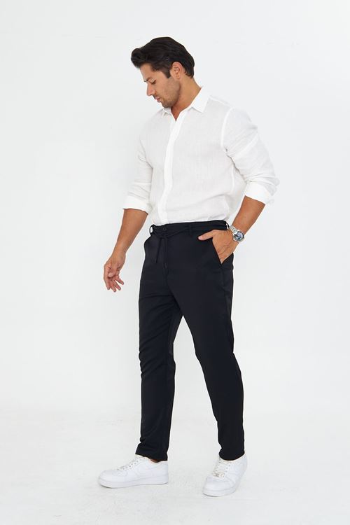 Erkek Düz Klasik Model Saten-Pamuk Kemerli Düz Paça Pantolon