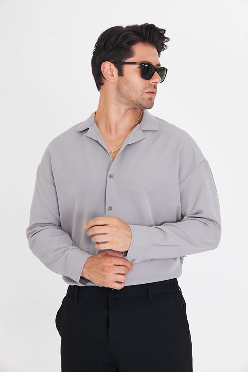 Erkek Uzun Kol Likralı Dabıl Kumaş Apaç Yaka Düşük Omuz Oversize Gömlek