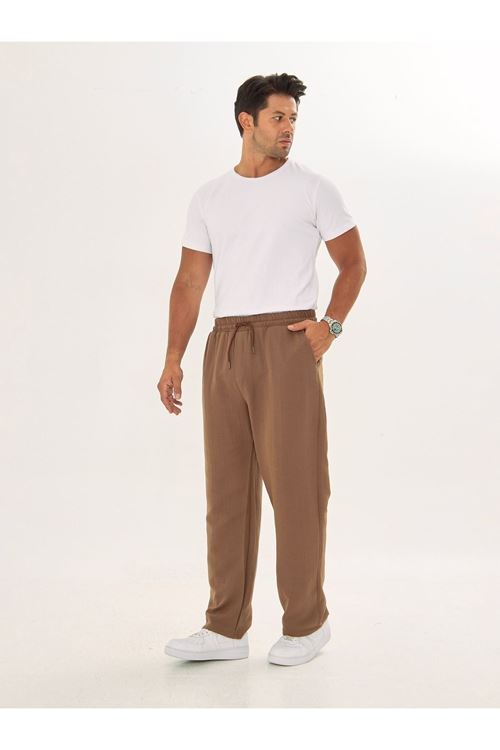 Erkek Baggy Müslin Keten Bel Bağcıklı Lastikli Düz Paça Pantolon