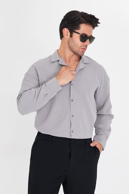 Erkek Uzun Kol Likralı Dabıl Kumaş Apaç Yaka Düşük Omuz Oversize Gömlek