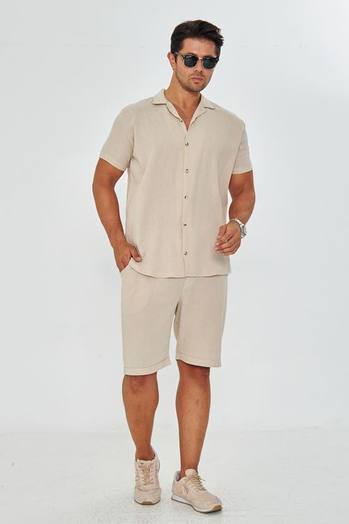 Erkek Keten Apaş Yaka Kısa Kol Gömlek - Şort Takım