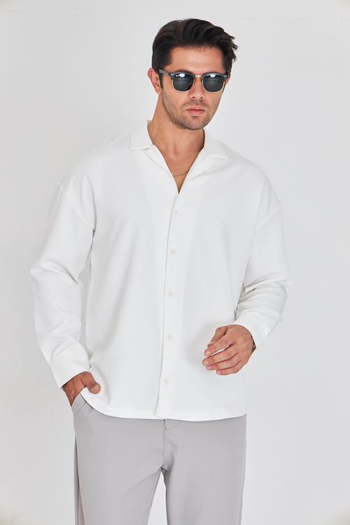 Erkek Uzun Kol Likralı Dabıl Kumaş Apaç Yaka Düşük Omuz Oversize Gömlek