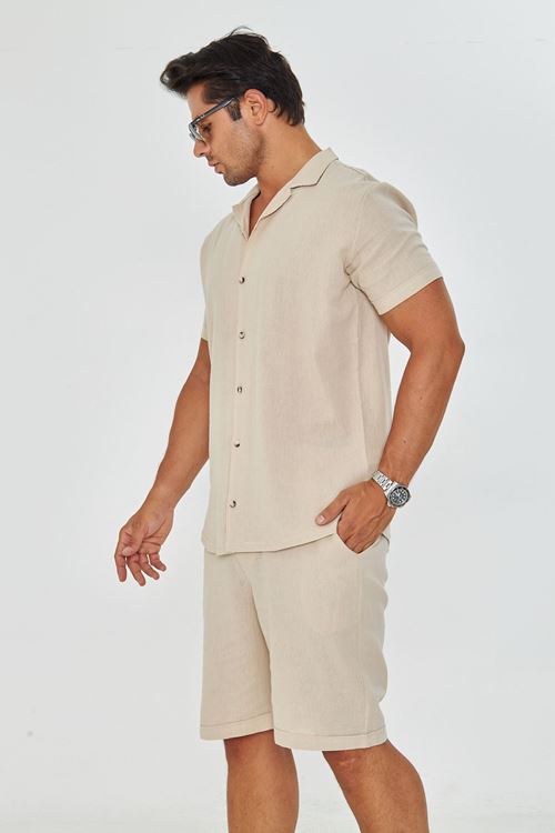 Erkek Keten Apaş Yaka Kısa Kol Gömlek - Şort Takım