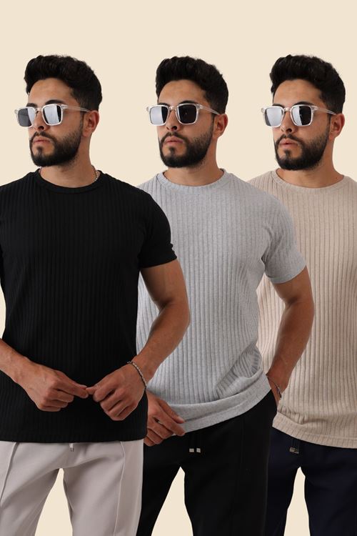 3'Lü Erkek Fitilli Zinox Kumaş Kazak – Yumuşak Dokulu Kısa Kol Basic Kazak