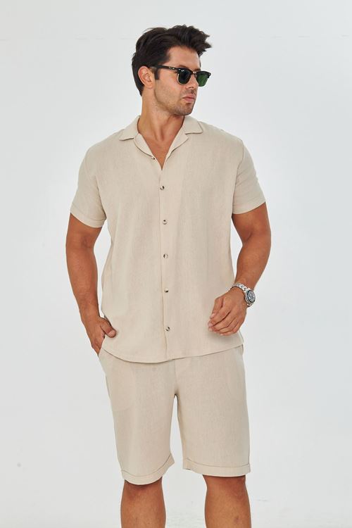 Erkek Keten Apaş Yaka Kısa Kol Gömlek - Şort Takım