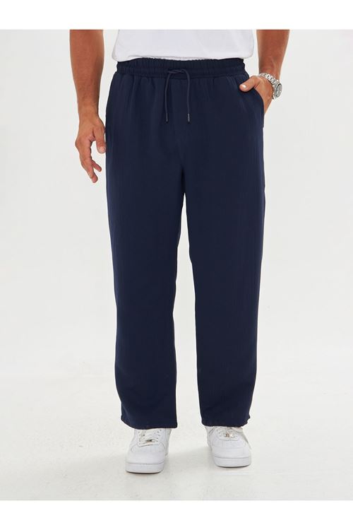 Erkek Baggy Müslin Keten Bel Bağcıklı Lastikli Düz Paça Pantolon