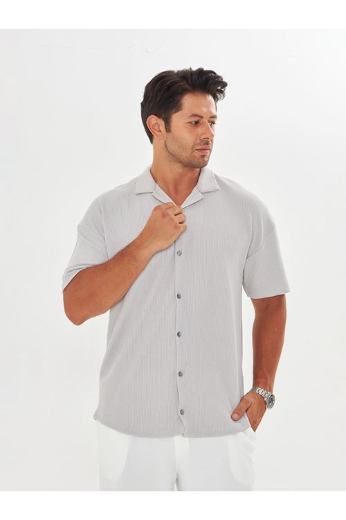 Erkek Kısa Kol Oversize Apaş Yaka Burgu Desen Rahat Gömlek