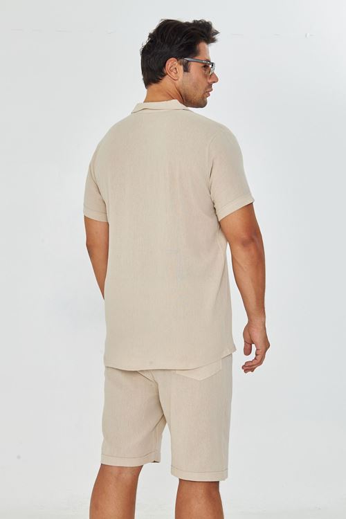 Erkek Keten Apaş Yaka Kısa Kol Gömlek - Şort Takım