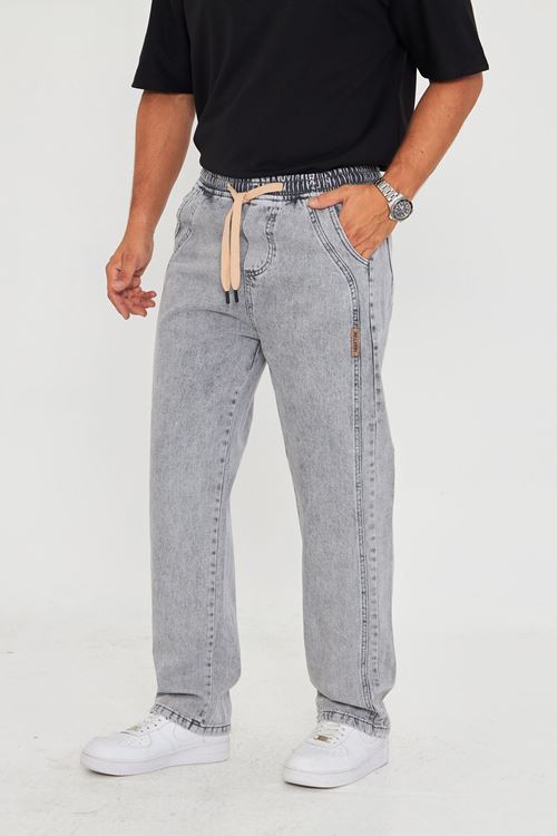 Erkek Baggy Yandan Parçalı Etiket Detaylı Düz Kot Pantolon 707