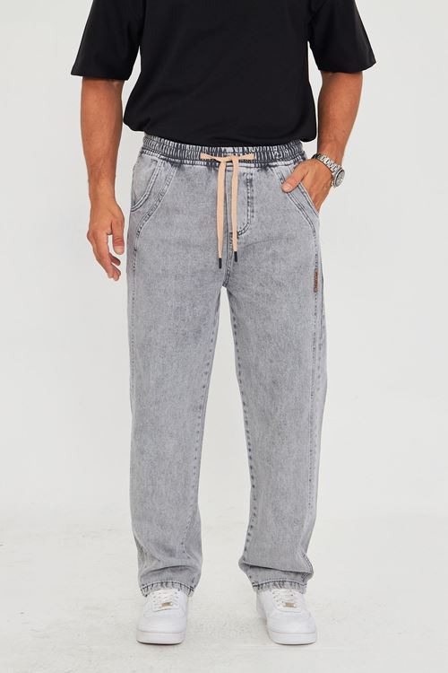 Erkek Baggy Yandan Parçalı Etiket Detaylı Düz Kot Pantolon 707