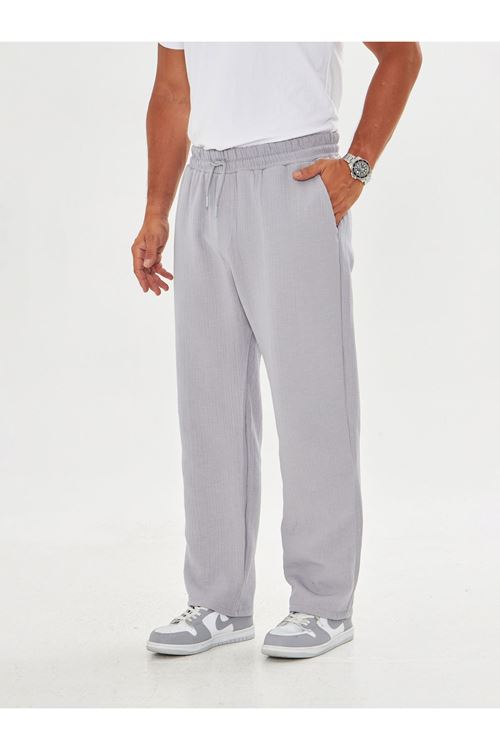 Erkek Baggy Müslin Keten Bel Bağcıklı Lastikli Düz Paça Pantolon