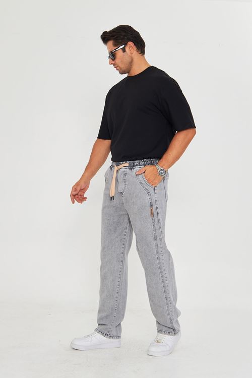 Erkek Baggy Yandan Parçalı Etiket Detaylı Düz Kot Pantolon 707
