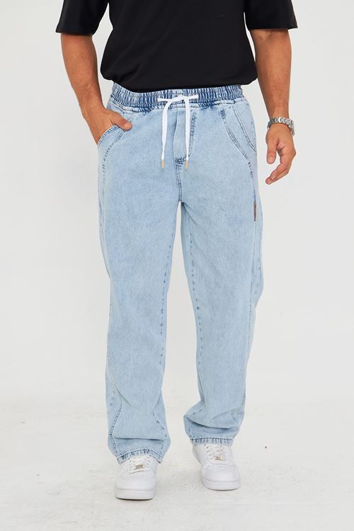 Erkek Baggy Yandan Parçalı Etiket Detaylı Düz Kot Pantolon 707