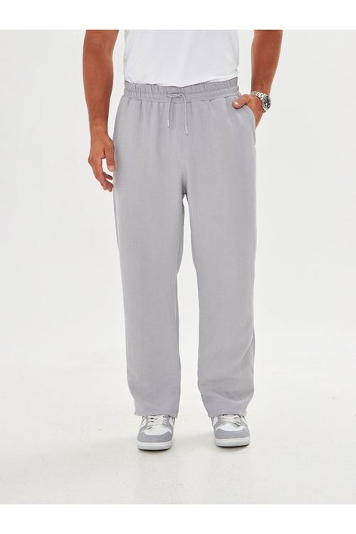 Erkek Baggy Müslin Keten Bel Bağcıklı Lastikli Düz Paça Pantolon