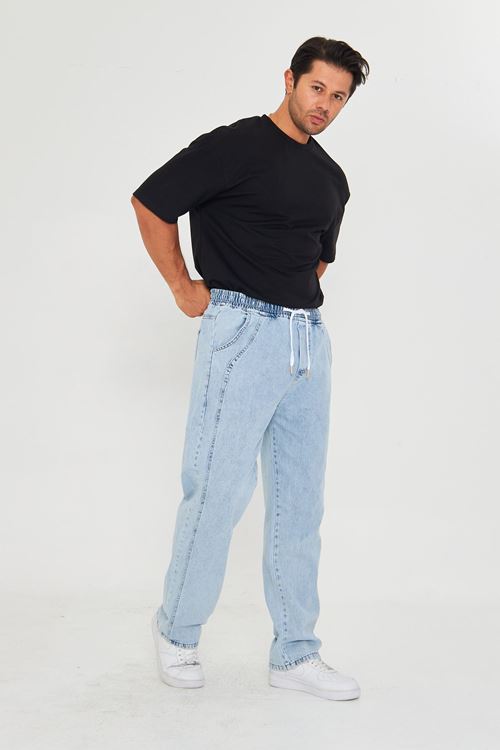 Erkek Baggy Yandan Parçalı Etiket Detaylı Düz Kot Pantolon 707