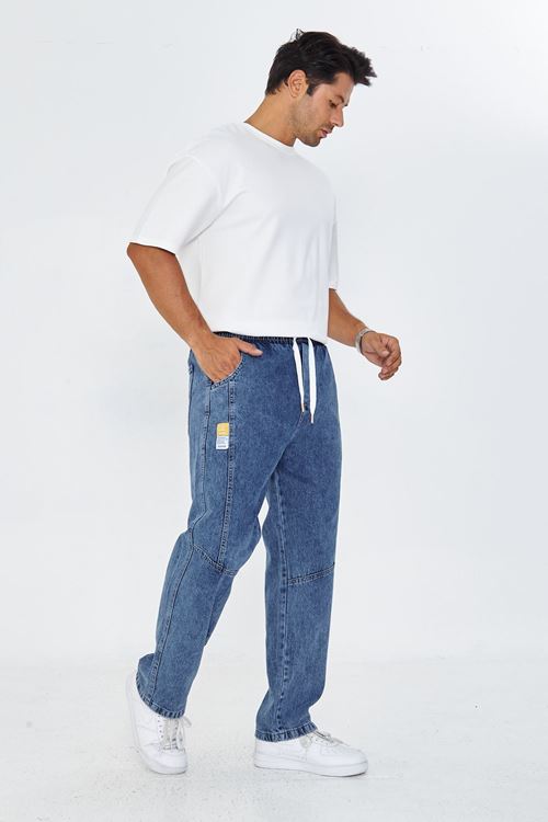 Erkek Parçalı Desen Yan Etiketli Baggy Kot Pantolon 721