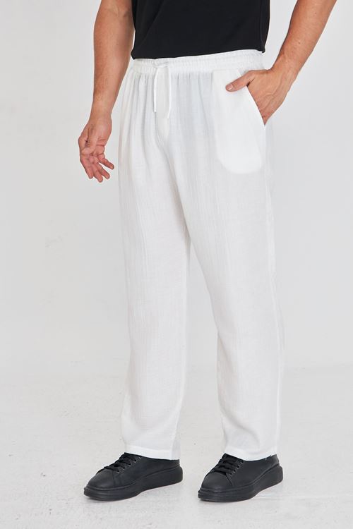 Erkek Baggy Müslin Keten Bel Bağcıklı Lastikli Düz Paça Pantolon