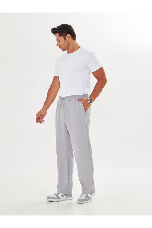 Erkek Baggy Müslin Keten Bel Bağcıklı Lastikli Düz Paça Pantolon
