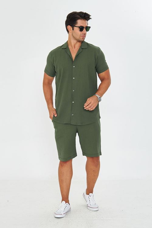 Erkek Keten Apaş Yaka Kısa Kol Gömlek - Şort Takım