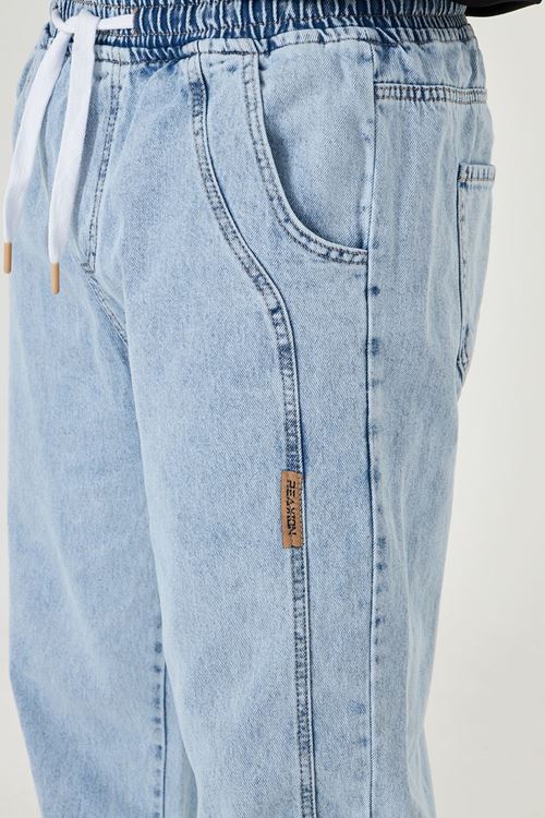 Erkek Baggy Yandan Parçalı Etiket Detaylı Düz Kot Pantolon 707