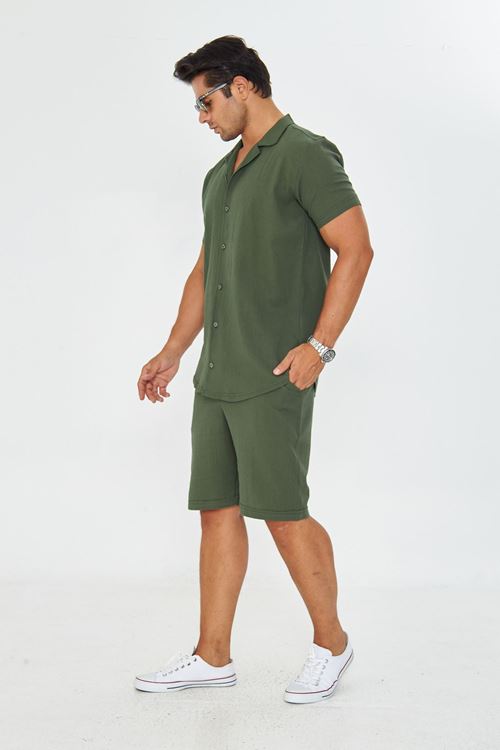 Erkek Keten Apaş Yaka Kısa Kol Gömlek - Şort Takım