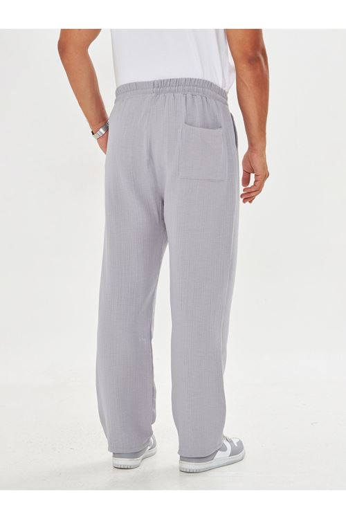Erkek Baggy Müslin Keten Bel Bağcıklı Lastikli Düz Paça Pantolon