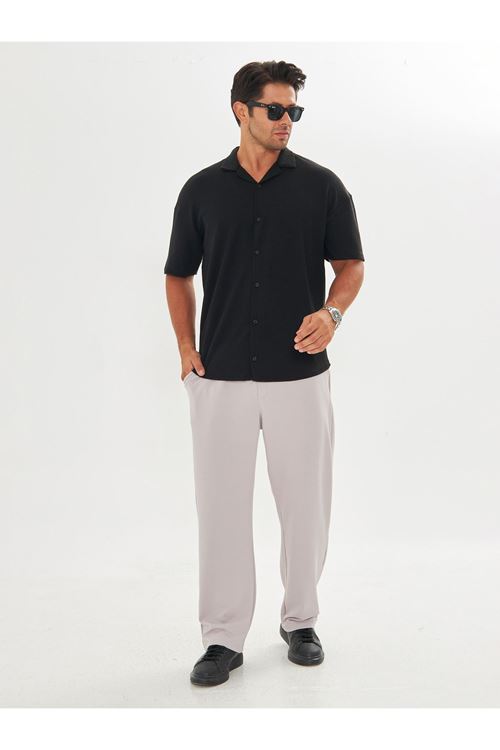 Erkek Kısa Kol Oversize Apaş Yaka Burgu Desen Rahat Gömlek