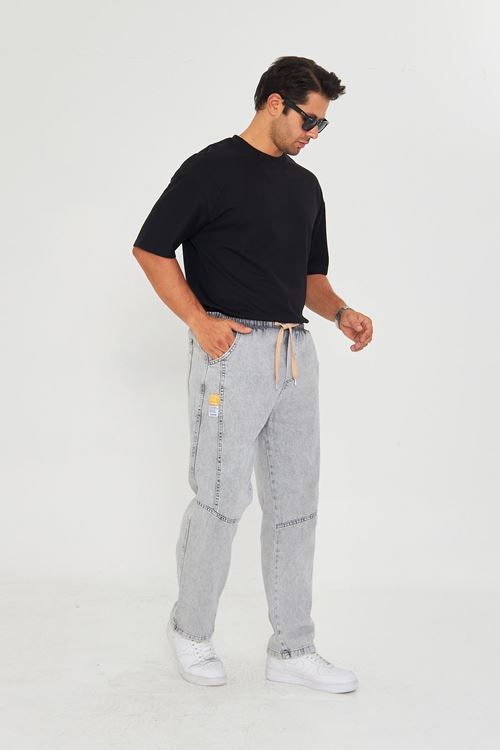 Erkek Parçalı Desen Yan Etiketli Baggy Kot Pantolon 721