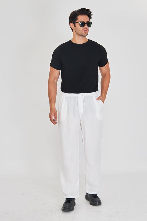 Erkek Baggy Müslin Keten Bel Bağcıklı Lastikli Düz Paça Pantolon