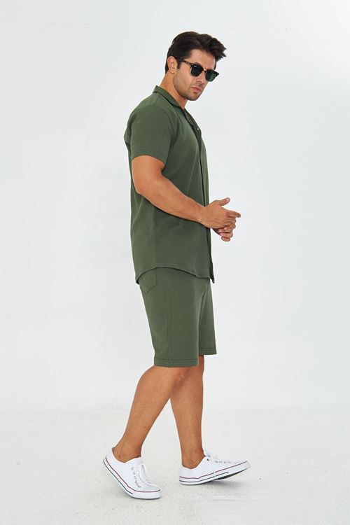 Erkek Keten Apaş Yaka Kısa Kol Gömlek - Şort Takım