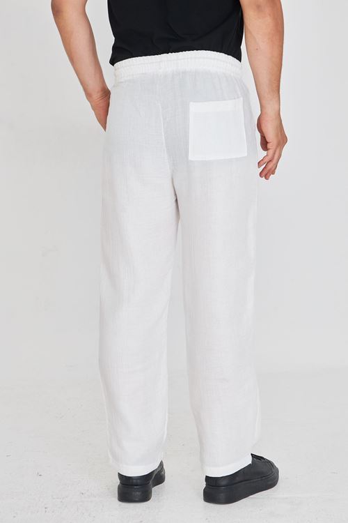 Erkek Baggy Müslin Keten Bel Bağcıklı Lastikli Düz Paça Pantolon