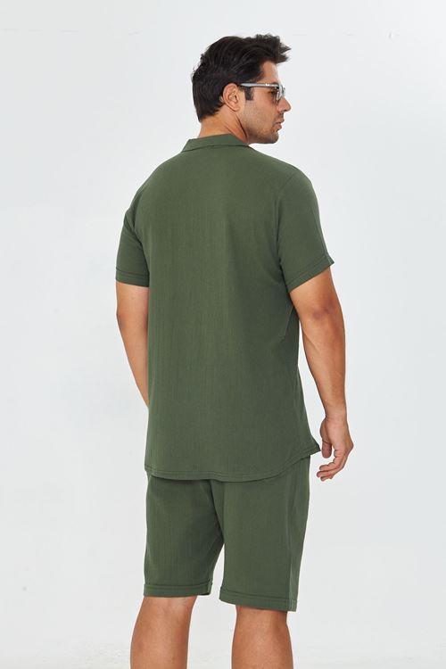 Erkek Keten Apaş Yaka Kısa Kol Gömlek - Şort Takım