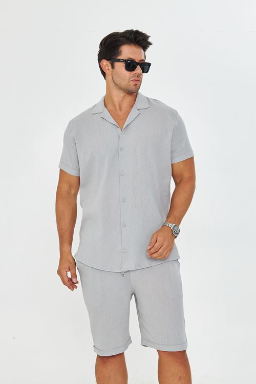 Erkek Keten Apaş Yaka Kısa Kol Gömlek - Şort Takım