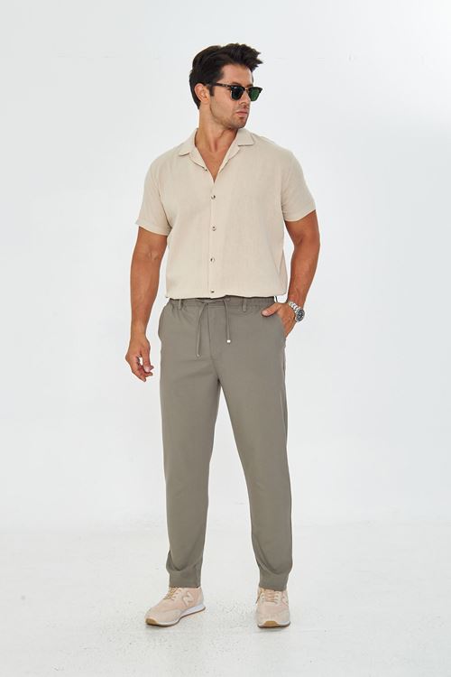 Erkek Bel Kemerli Klasik Bez Ayağı Kumaş Jogger