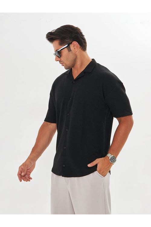 Erkek Kısa Kol Oversize Apaş Yaka Burgu Desen Rahat Gömlek