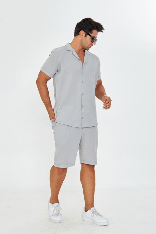 Erkek Keten Apaş Yaka Kısa Kol Gömlek - Şort Takım