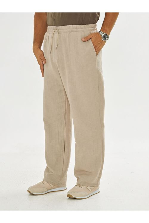 Erkek Baggy Müslin Keten Bel Bağcıklı Lastikli Düz Paça Pantolon