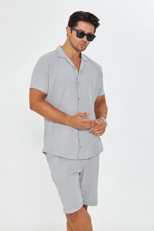 Erkek Keten Apaş Yaka Kısa Kol Gömlek - Şort Takım