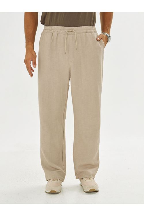 Erkek Baggy Müslin Keten Bel Bağcıklı Lastikli Düz Paça Pantolon