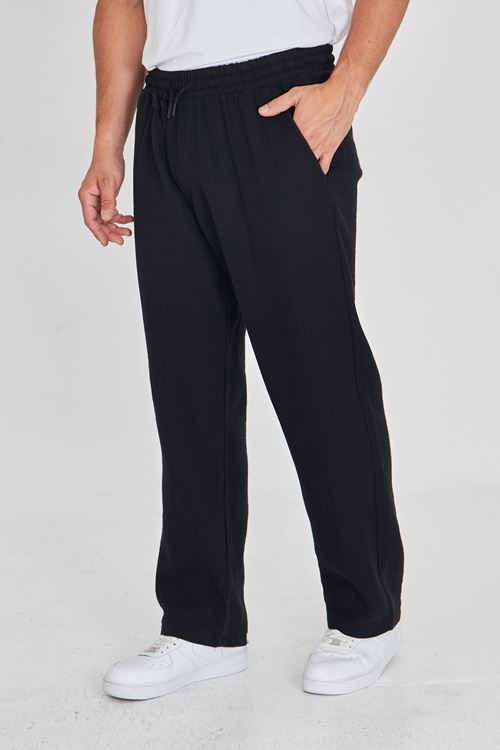 Erkek Baggy Müslin Keten Bel Bağcıklı Lastikli Düz Paça Pantolon