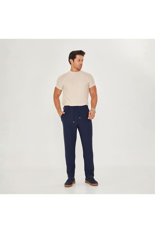 Erkek Bel Kemerli Bağcıklı Düz Paça Dabıl Kumaş Klasik Pantolon