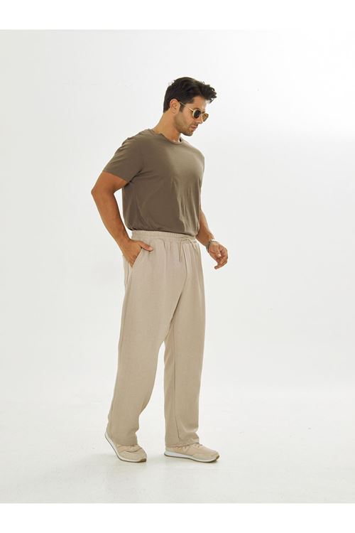 Erkek Baggy Müslin Keten Bel Bağcıklı Lastikli Düz Paça Pantolon