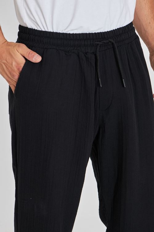 Erkek Baggy Müslin Keten Bel Bağcıklı Lastikli Düz Paça Pantolon