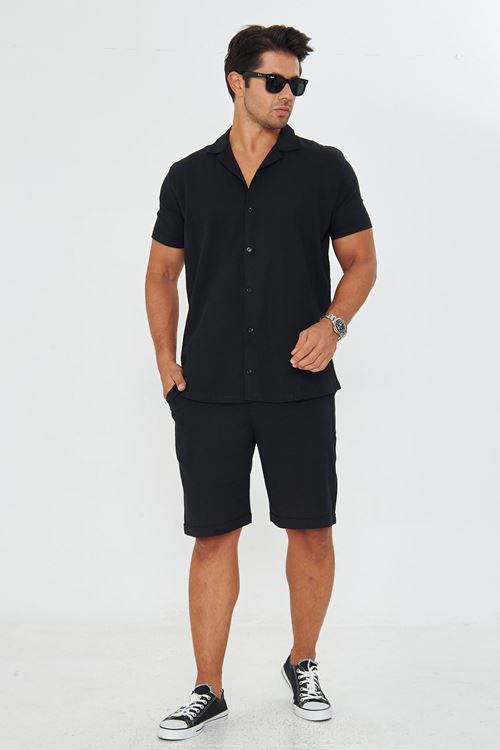Erkek Keten Apaş Yaka Kısa Kol Gömlek - Şort Takım