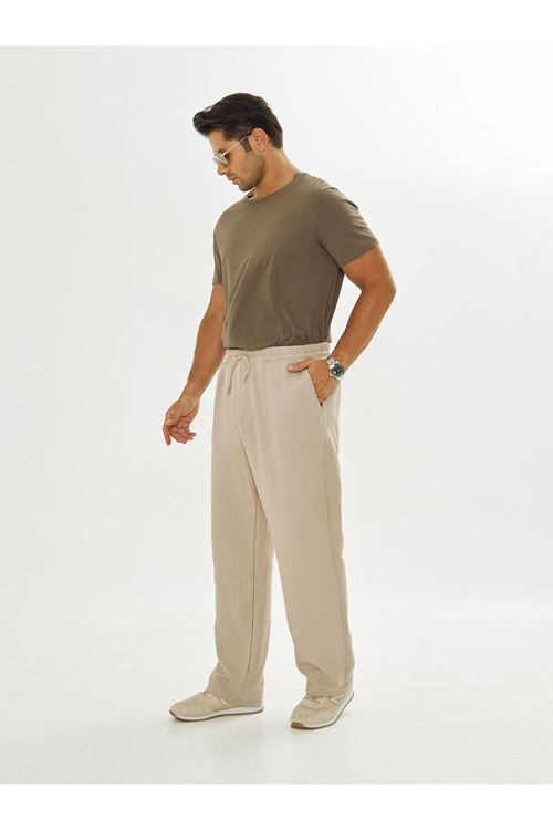 Erkek Baggy Müslin Keten Bel Bağcıklı Lastikli Düz Paça Pantolon