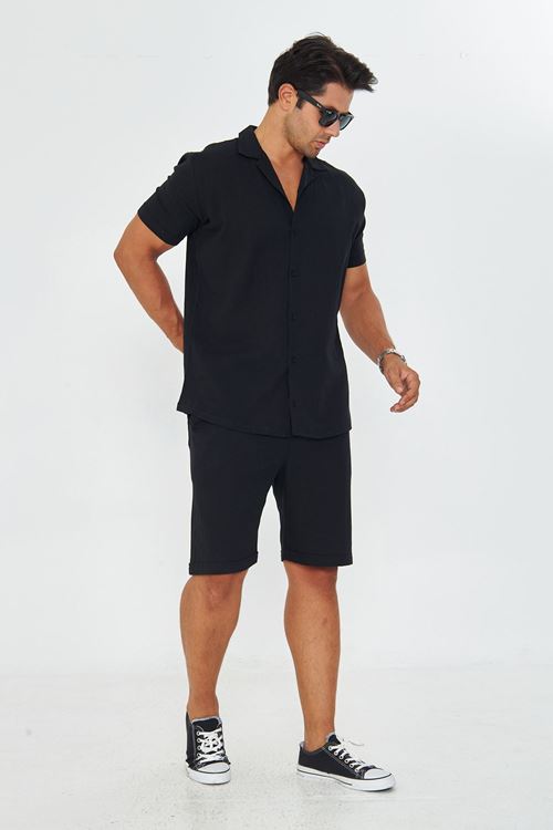 Erkek Keten Apaş Yaka Kısa Kol Gömlek - Şort Takım