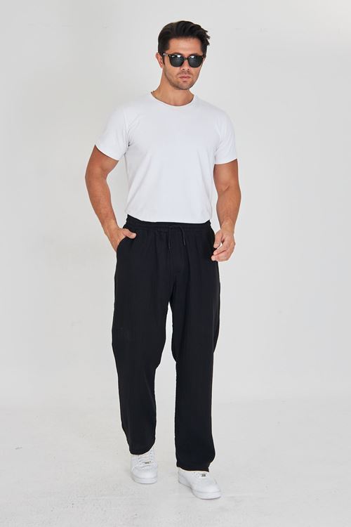 Erkek Baggy Müslin Keten Bel Bağcıklı Lastikli Düz Paça Pantolon