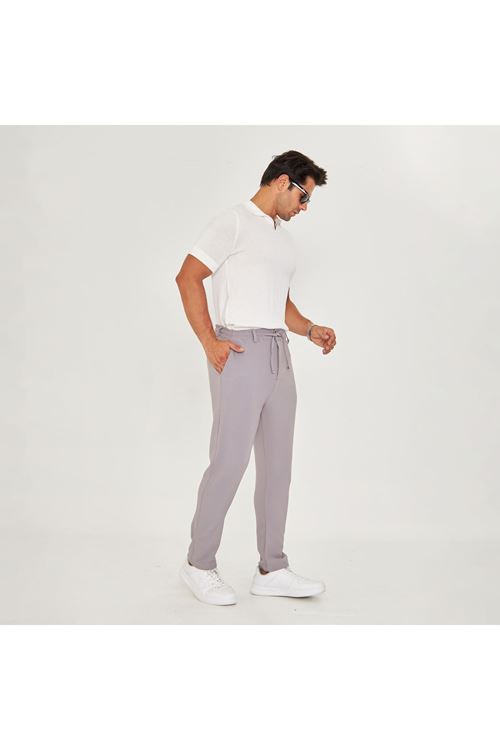 Erkek Bel Kemerli Bağcıklı Düz Paça Dabıl Kumaş Klasik Pantolon